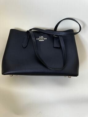 Coach Navy Blue Leather Tote Shoulder Bag Silver Hardware